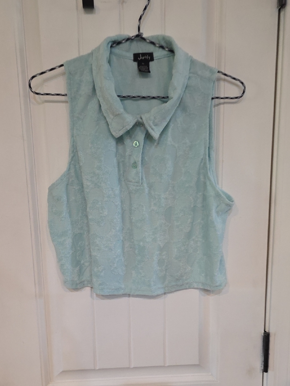 Justify Light Mint Lace Sleeveless Polo Crop Top